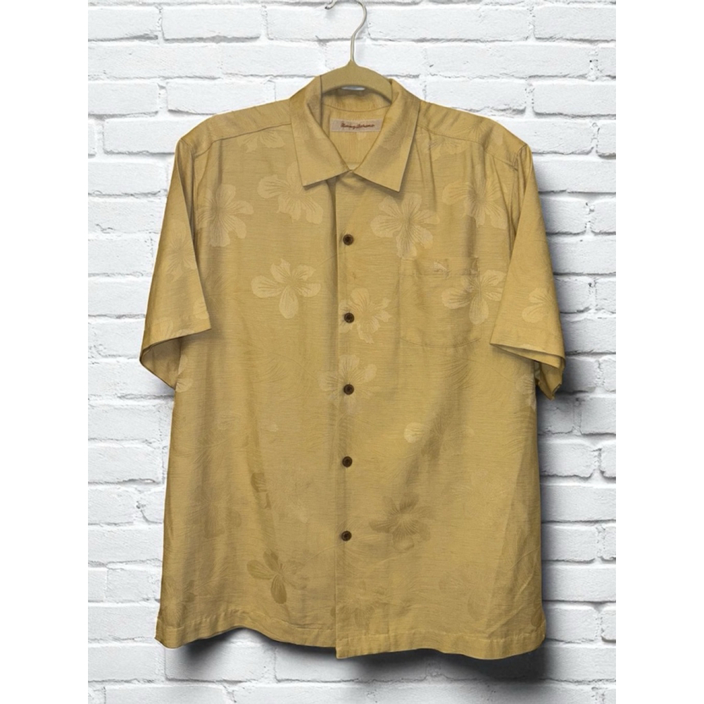 Tommy Bahama Men’s Medium Yellow Silk Hawaiian Button Up Short Sleeve Shirt
